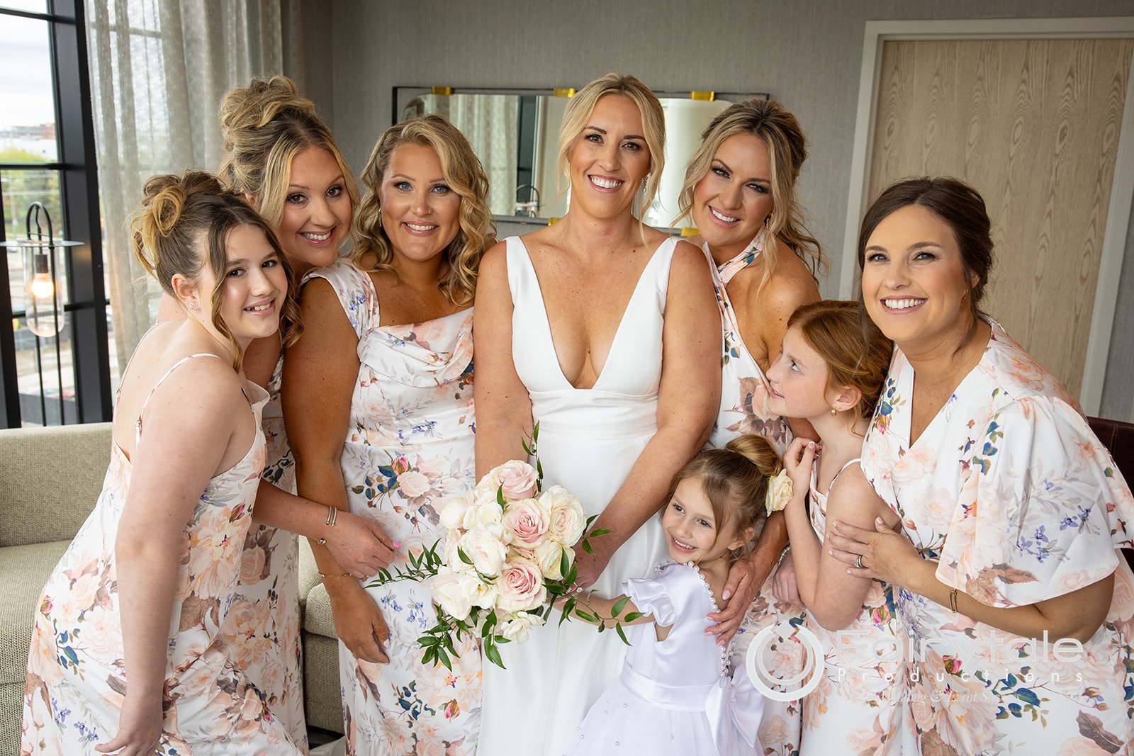 Bride's dress hanging in window